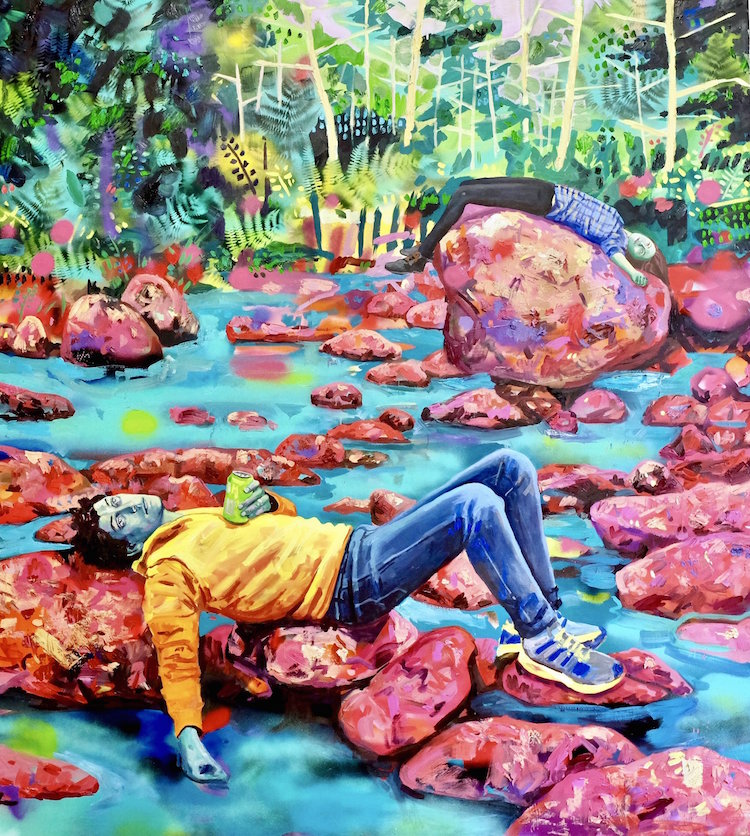 "Someplace to Sleep Tonight." 60”x54”, Oil and spray paint on canvas, 2019