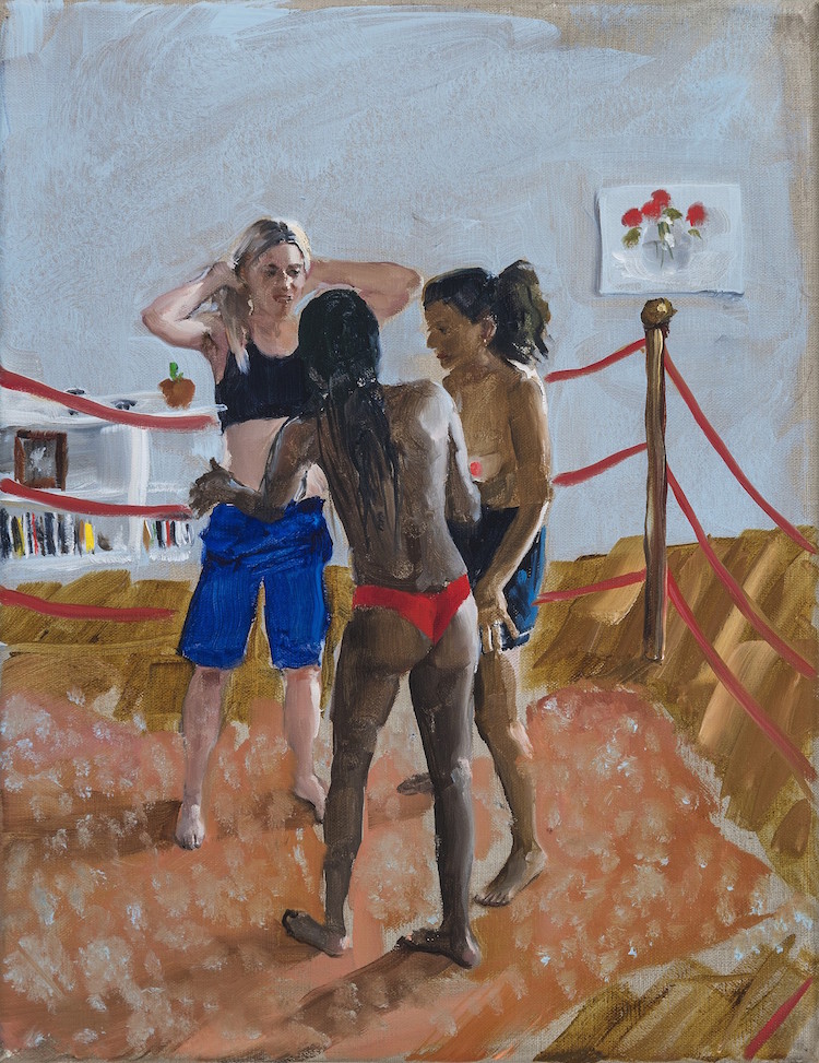 "Mackenzie Djassi and Rita in my living room preparing to wrestle," 2019. Oil on Linen, 14h x 11w in.