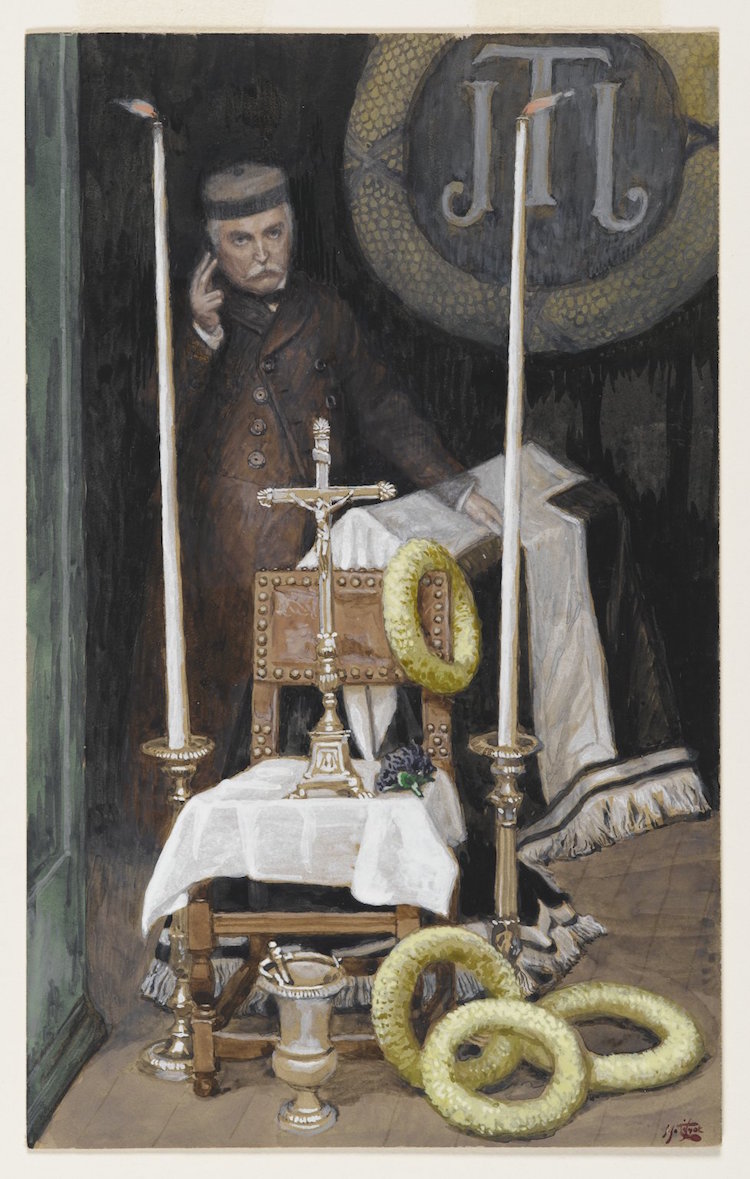 James Tissot (French, 1836-1902). "Portrait of the Pilgrim," 1886-1896. Opaque watercolor over graphite on gray wove paper, 9 1/16 x 5 5/8 in. (23 x 14.3 cm). Brooklyn Museum, Gift of Thomas E. Kirby, 06.39 (Photo: Brooklyn Museum,  Image provided courtesy of the Fine Arts Museums of San Francisco