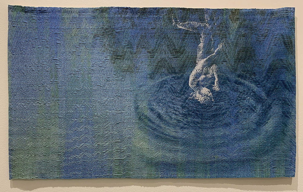 Laura Strand, "Eve Returns to the Essence," 2019 woven, painted warp and weft, silver leaf print