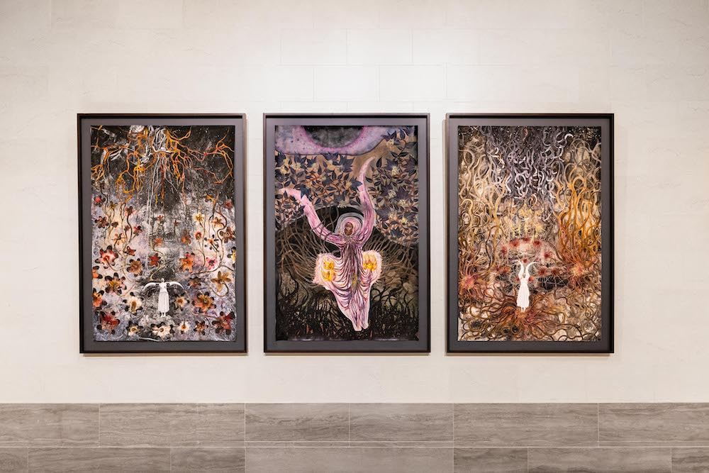 Installation view from Wangechi Mutu: I Am Speaking, Are You Listening?, Legion of Honor, San Francisco, 2021. Photograph by Randy Dodson, courtesy of the Fine Arts Museums of San Francisco  Subterranea Stemmed, 2021, Subterranea Fury, 2021, and Subterranea Flourish, 2021, © Wangechi Mutu. All rights reserved. Courtesy the Artist and Gladstone Gallery, New York and Brussels