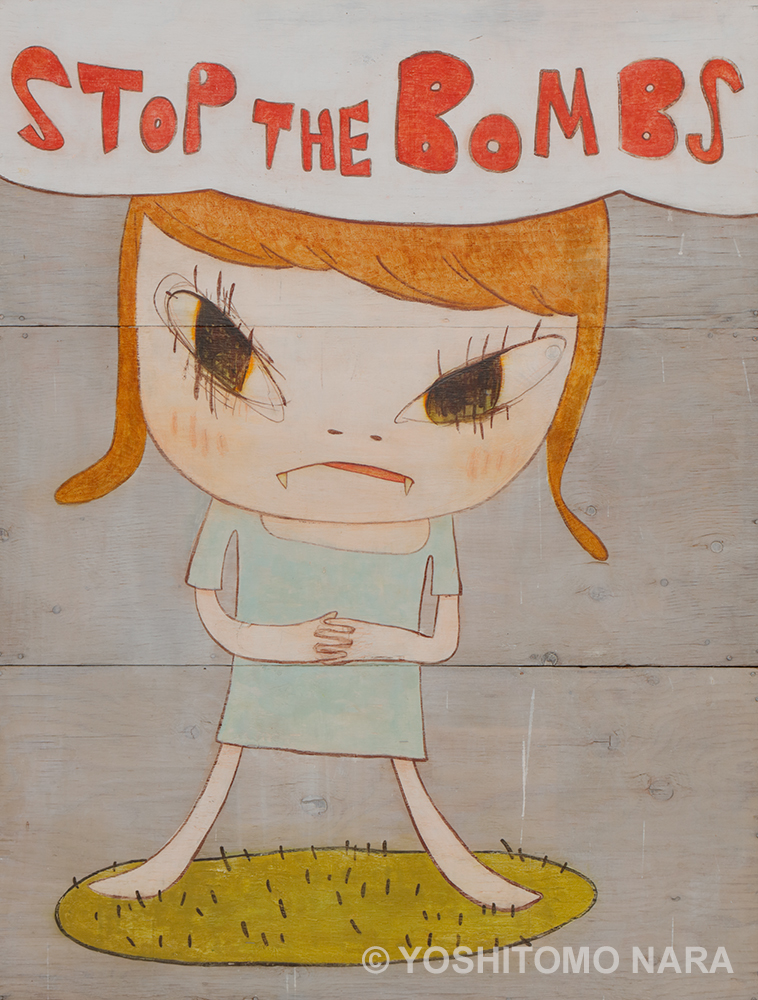 Stop the Bombs, 2019 Acrylic on Wood Framed: 149.5 x 117.5 x 7.7 cm LA COLECCIÓN JUMEX, MÉXICO © Yoshitomo Nara, courtesy Yoshitomo Nara Foundation