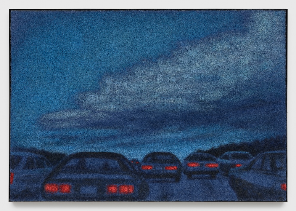 Red Tail Lights, 2000. Oil on Astroturf, 48 × 70 in. (121.92 × 177.80 cm), 48 3⁄4 × 70 3⁄4 in. (123.83 × 179.71 cm) framed // courtesy of the artist and Karmakarma.org