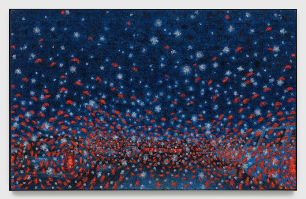 Out of Here Red Taillights, Snow, 2002-2013. Oil on Astroturf, 72 × 114 in. (182.88 × 289.56 cm), 72 3⁄4 × 115 1⁄4 in. (184.78 × 292.74 cm) framed // courtesy of the artist and Karmakarma.org