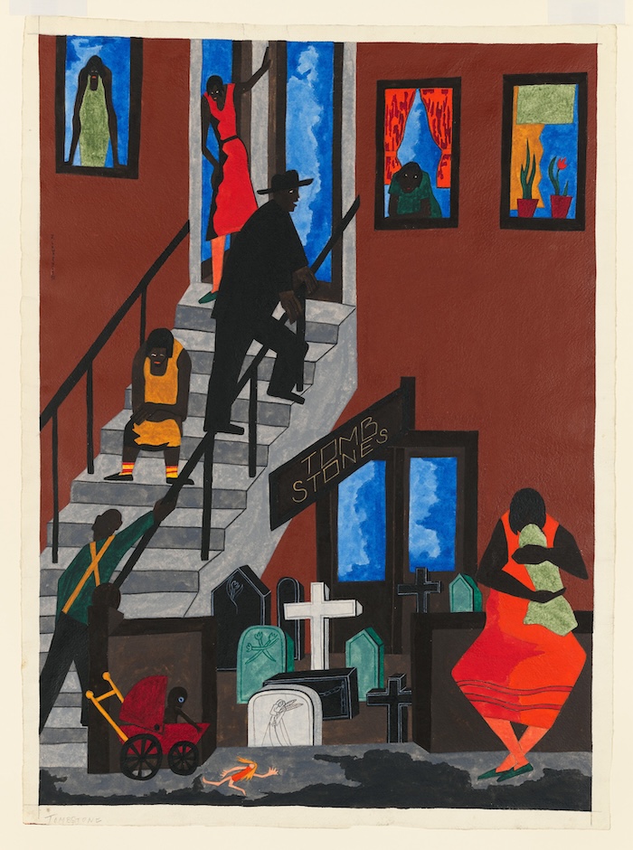 Jacob Lawrence, Tombstones 1942. Opaque watercolor on paper, 30 7/8 × 22 13/16 in. (78.4 × 57.9 cm). Whitney Museum of American Art, New York; purchase 43.14. © 2024 The Jacob and Gwendolyn Lawrence Foundation, Seattle / Artists Rights Society (ARS), New York