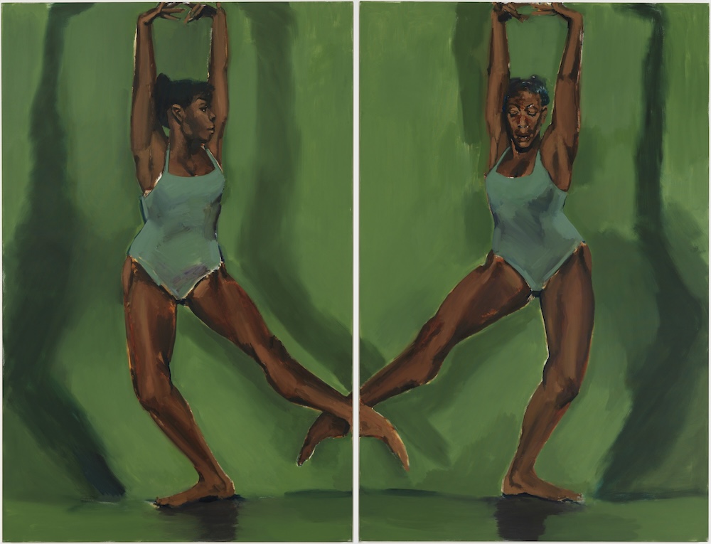 Lynette Yiadom Boakye, Fly Trap, 2024. Oil on canvas, Diptych, 78.7 x 51.5 x 1.4 in. each (200 x 130 x 3.6 cm each). Courtesy the Artist, Corvi-Mora, London, and Jack Shainman Gallery, New York