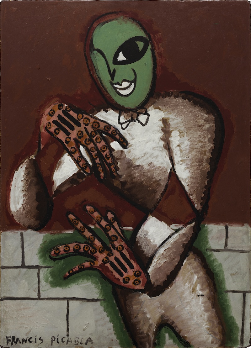 Francis Picabia, La Femme aux gants roses (Woman with Pink Gloves), also titled L’Homme aux gants (Man with Gloves), ca. 1925-1926, oil on cardboard laminate. 41 ½ x 29 ½ in. The Fine Arts Collection, Jan Shrem and Maria Manetti Shrem Museum of Art, University of California, Davis. Fractional gift to the Jan Shrem and Maria Manetti Shrem Museum of Art and San Francisco Museum of Modern Art from Jan Shrem and Maria Manetti Shrem. © 2024 Artists Rights Society (ARS), New Yorke/ADAGP, Paris. Photograph: Don Ross.