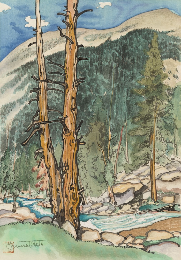 Chiura Obata (American, born Japan, 1885-1975) Upper Lyell Fork, Near Lyell Glacier, from World Landscape Series “America”, ca. 1930 Color woodcut 15 3/4 in. x 11 in. Crystal Bridges Museum of American Art, Bentonville, Arkansas, 2023.34. Photography by Edward Robison III.