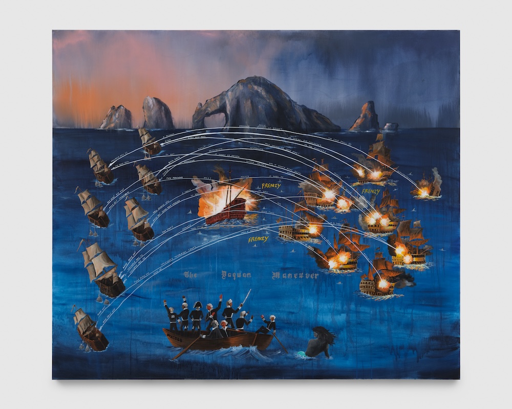 The Battle of Los Cabos (Ante up!) Or, The Daquan Maneuver, 2024 Acrylic and ink on canvas 72 x 84 1/8 x 1 1/4 inches (182.9 x 213.7 x 3.2 centimeters) Photo: Hannah Mjølsnes // All images: © 2024 Umar Rashid; Courtesy of the artist and BLUM Los Angeles, Tokyo, New York