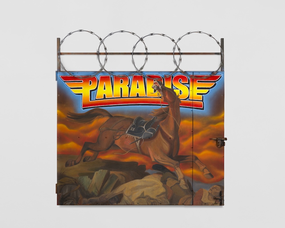 Ozzie Juarez Paradise, 2024 Acrylic, emulsion vinyl, airbrush, locked and barbed wire on oxidized gate 63 x 60” (Courtesy of the artist & Charlie James Gallery, Los Angeles / Photo: Yubo Dong @ofphotostudio)