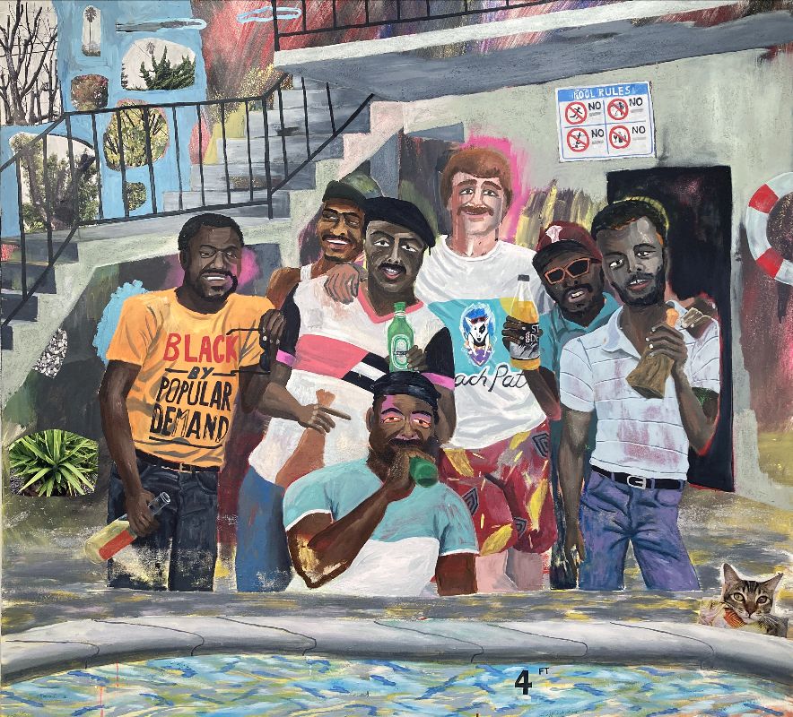 Darren, Tyrone, Marcus, Andre, Stevie, Daryl, James (group shot) / acrylic, spray paint, glitter, sand, collage on canvas / 60 x 66 inches / 2025