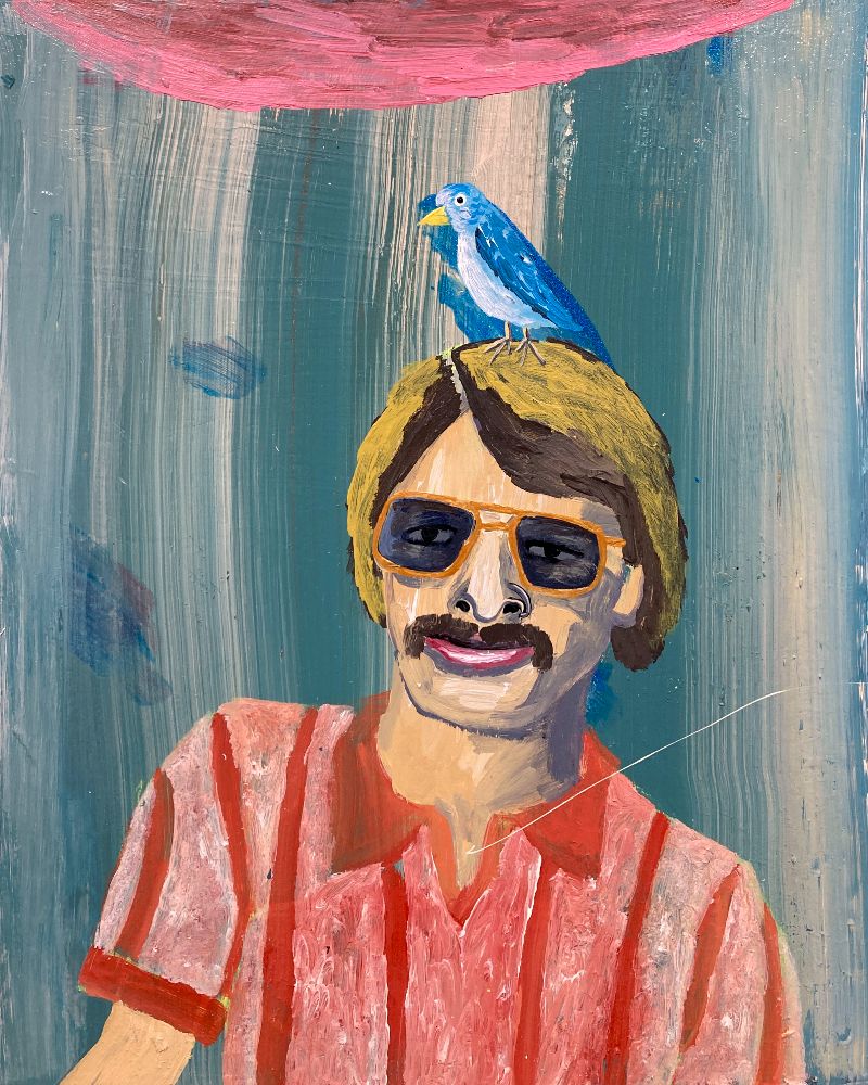  Ron (bird man) / acrylic, glitter on wood panel / 15 x 12 inches / 2024