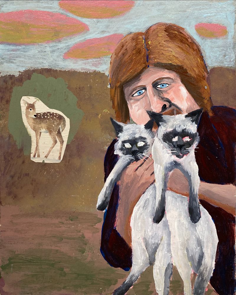  Doug (cat man) / acrylic, collage on wood panel / 15 x 12 inches / 2024