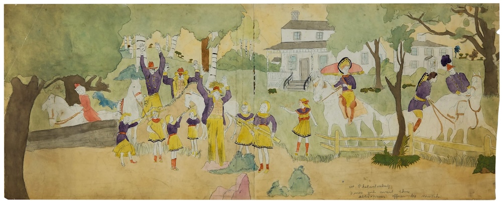 Untitled (At Phelantonbury / Witness Frightful Massacre), ca. 1955 - 65 Graphite and watercolor on paper 28 1/4 x 57 in