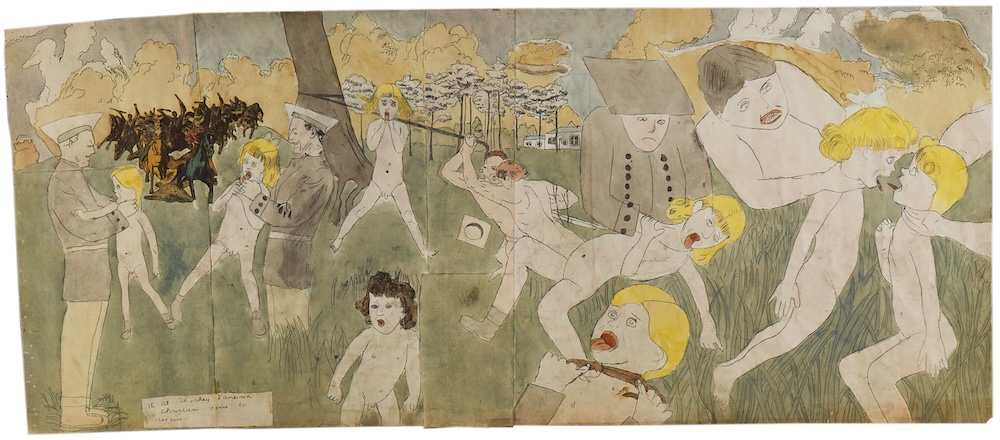 Untitled (At Jullo Callo / At Wickey Sansinia) (Vivian Girls Again are Captured), ca. 1955 - 65 Graphite and watercolor on paper 19 x 44 3/4 in. 